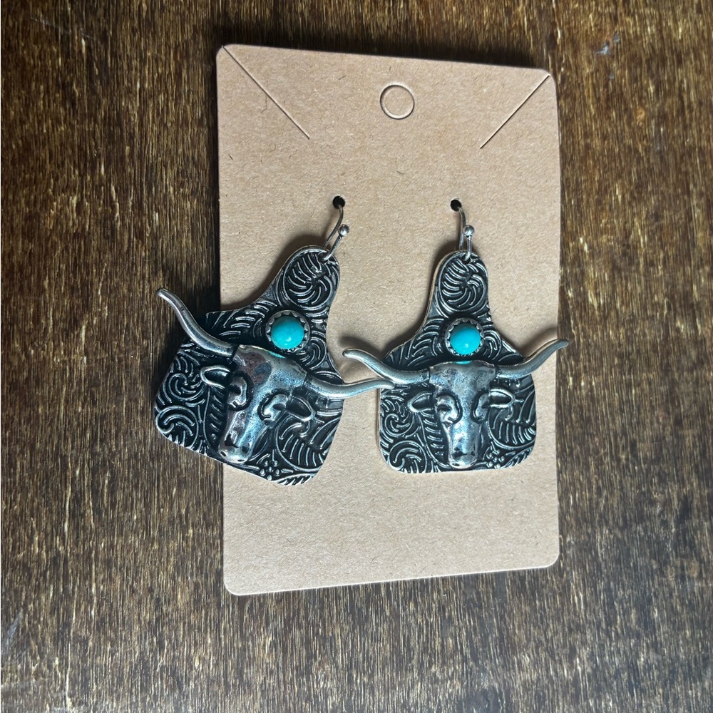 Silver Longhorn Cowgirl Earrings with Turquoise Accent